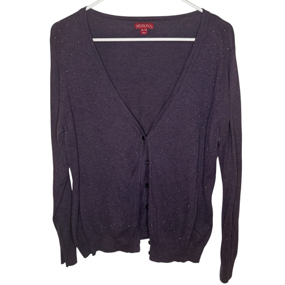 Merona Plum Purple Beaded Cardigan Sweater XL V-Neck Button Front